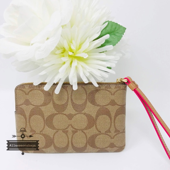 Coach signature zipper wristlet neon pink wallet - Picture 2 of 3